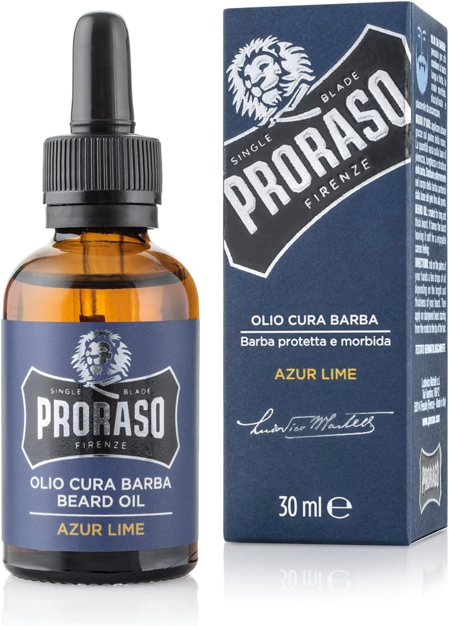 Proraso Beard Oil, Azur Lime, 30ml, Scented Beard Softener For Men Softens and Protects Long, Bristly Beards & Promotes Healthy Growth, Made in Italy
