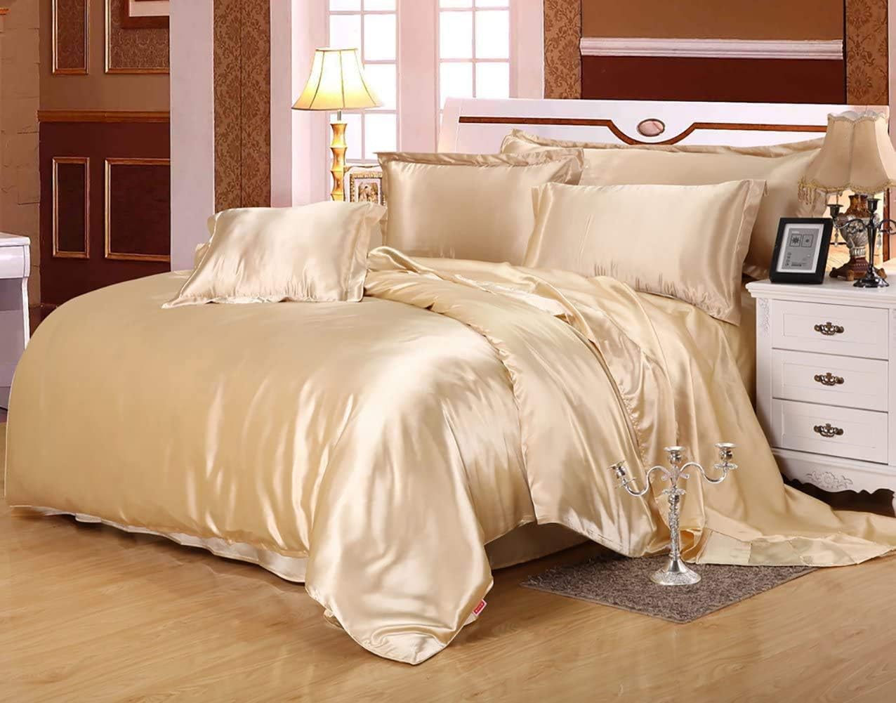 Lanqinglv Bettwäsche Set 135x200cm 2 Teilig Gold Gelb Satin Seide