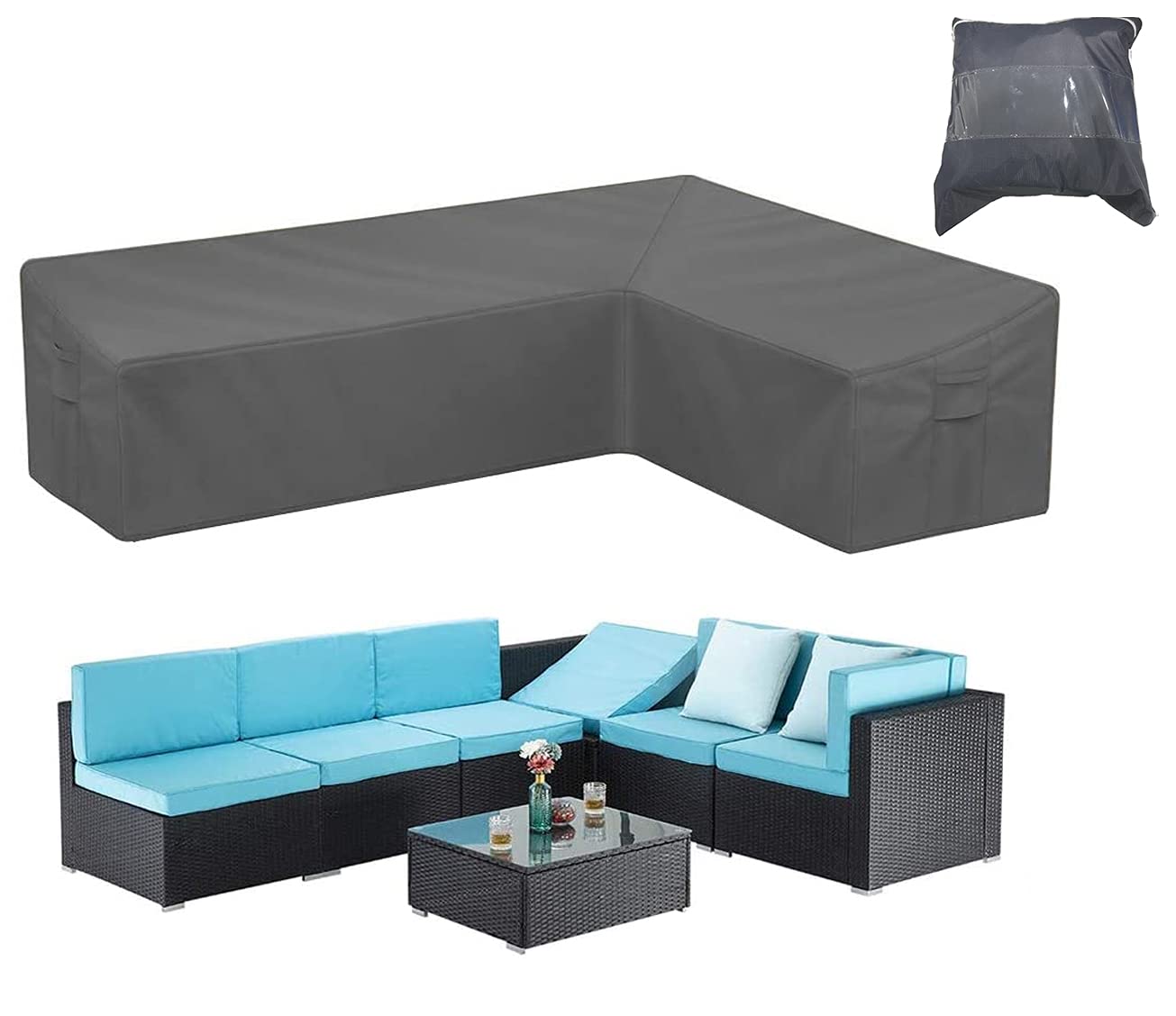 COOSOO Garden Furniture Covers L-Shape Furniture Cover Waterproof Windproof 420D Heavy Duty Oxford Fabric Outdoor Patio Sectional Couch Rattan Corner Sofa Table Chair Protection Left Facing:106×79in