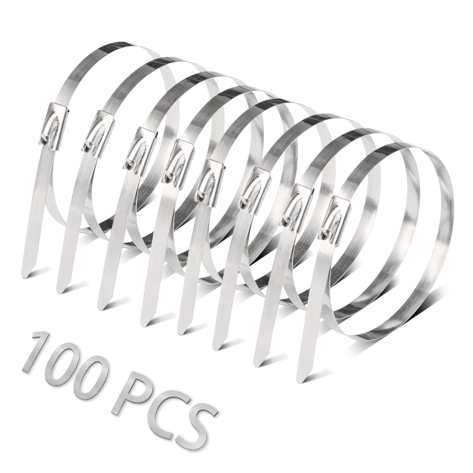 Helunsi 100 Pcs Metal Zip Ties 30cm / 11.8" Stainless Steel Cable Ties, Heavy Duty Self Locking Multi-Purpose, Suitable for Fixed Indoor Outdoor Exhaust Wrap Farms Pipes Cables and Fence - Silver