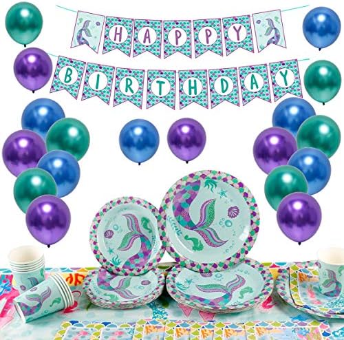 Wishful Mermaid Party Supplies Decorations - 84 Pieces Little Mermaid Birthday Party Decorations Serve 16|Mermaid Party Tablecloth, Cups, Napkins, Plates, Banner, Balloons for Girls Mermaid Party Favors/Under The Sea Party