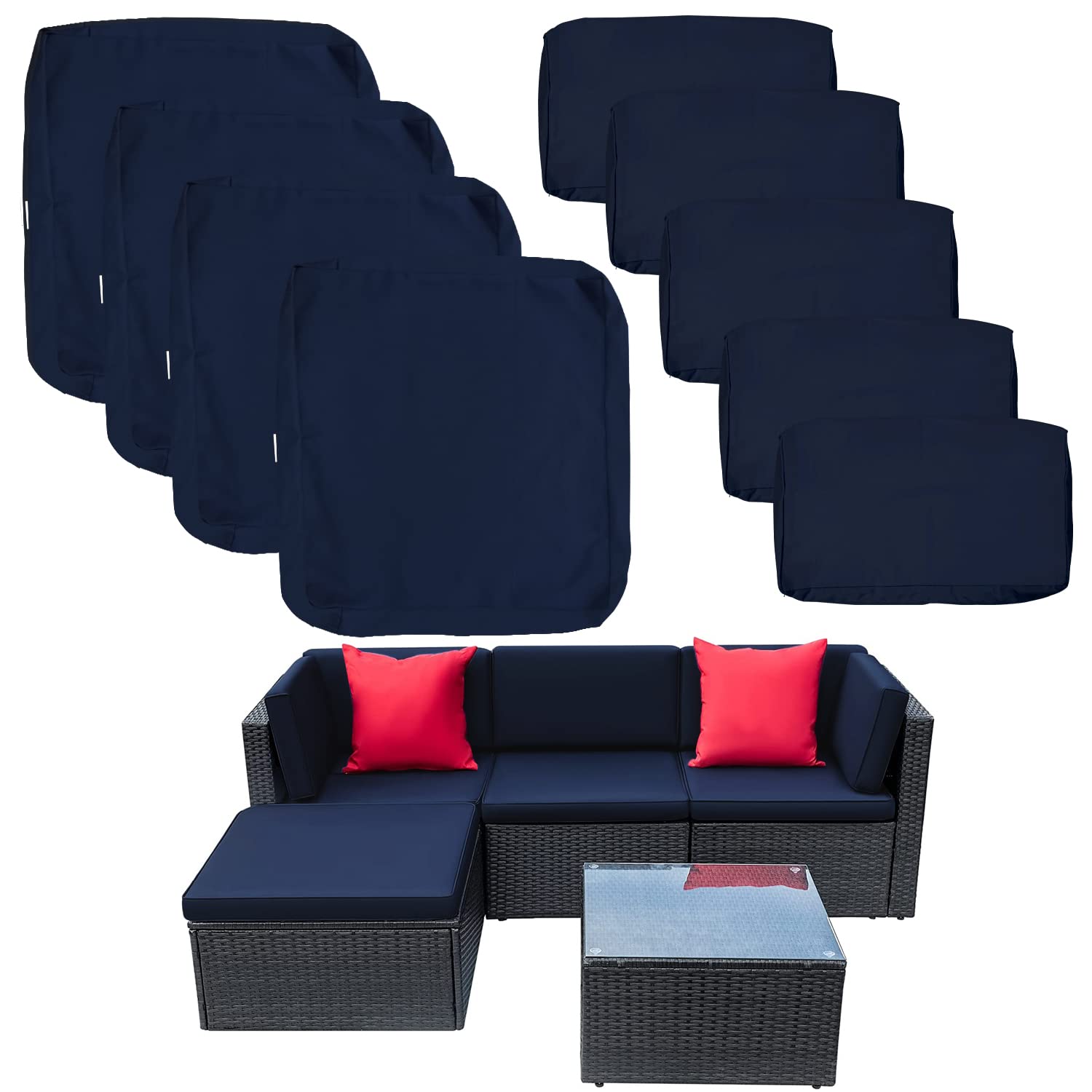 Photo 1 of 9 Pack Patio Cushion Covers Set Outdoor Furniture Cushion and Pillow Cover Replacement Fit for 5 Pieces 4-Seater Wicker Rattan Patio Sectional Sofa Chair Couch Set,Navy-Cover Only (Large)