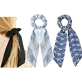 2 Pcs Blue Knotted Bow Hair Scarf Scrunchies with Hollow Floral Bow Hair Ties - Long Tail Bowknot Scrunchies, Chiffon Ribbon Hair Bows for Women Girls Thin Hair Scarf (hollow floral)