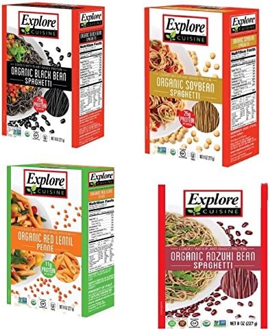 Explore Cuisine Organic Gluten Free Pasta Four 8 Ounce Box Bundle: Adzuki Bean Spaghetti, Red Lentil Penne, Soybean Spaghetti, and Black Bean Spaghetti