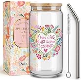 Wildflower Teacher Appreciation Gifts for Women,Friend,Sister,Teacher Gifts for Christmas Birthday,Thank You Teachers Glass Coffee Cup with Lids and Straws,It Takes Big Heart to Shape Little Minds-93