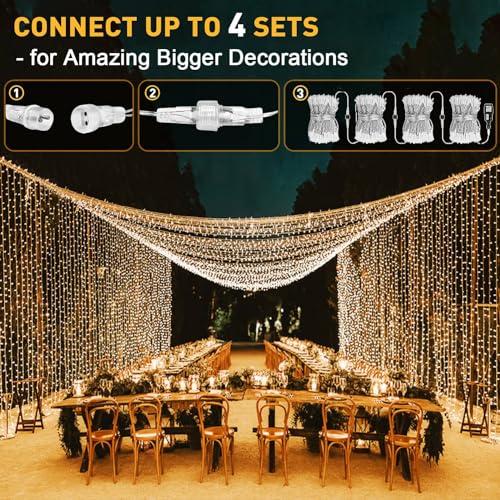 Joycome 3 m x 3 m 300 LED Christmas Light String Lights with Transformer, Timer, 8 Modes Waterproof Curtain Light for Christmas, Bedroom, Window, Wedding, Outdoor, Indoor Decorations