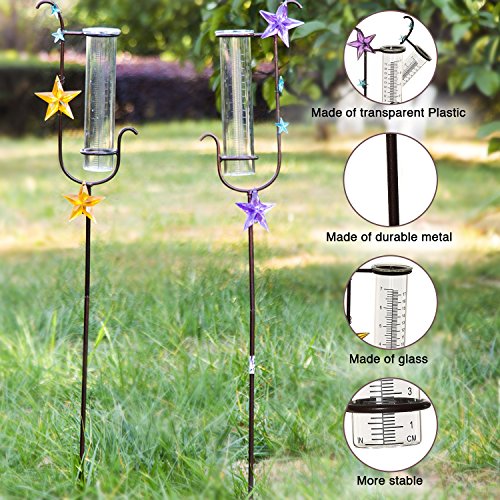 CEDAR HOME Rain Gauge Garden Stake Outdoor Wireless Glass Brass Metal Cute Professional Raingauge for Lawn Yard Patio Star Decpr 8oz. by, 6.5" W x 2.5" D x 36" H - Thumbnail 2