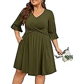 Manllenshie Women's Plus Size 2 Pockets Dresses 3/4 Ruffle Sleeve V Neck Crossover Flowy Pleats Casual Fall Loose Dress