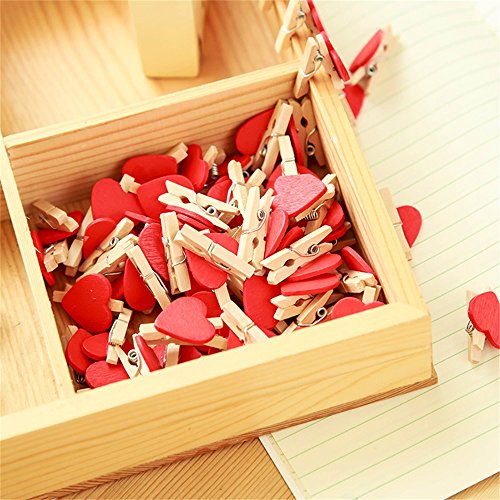 Funny Town 100 Pcs Mini Photo Wooden Clip Note Red Love Heart Shape Folder Snack Bag Holder