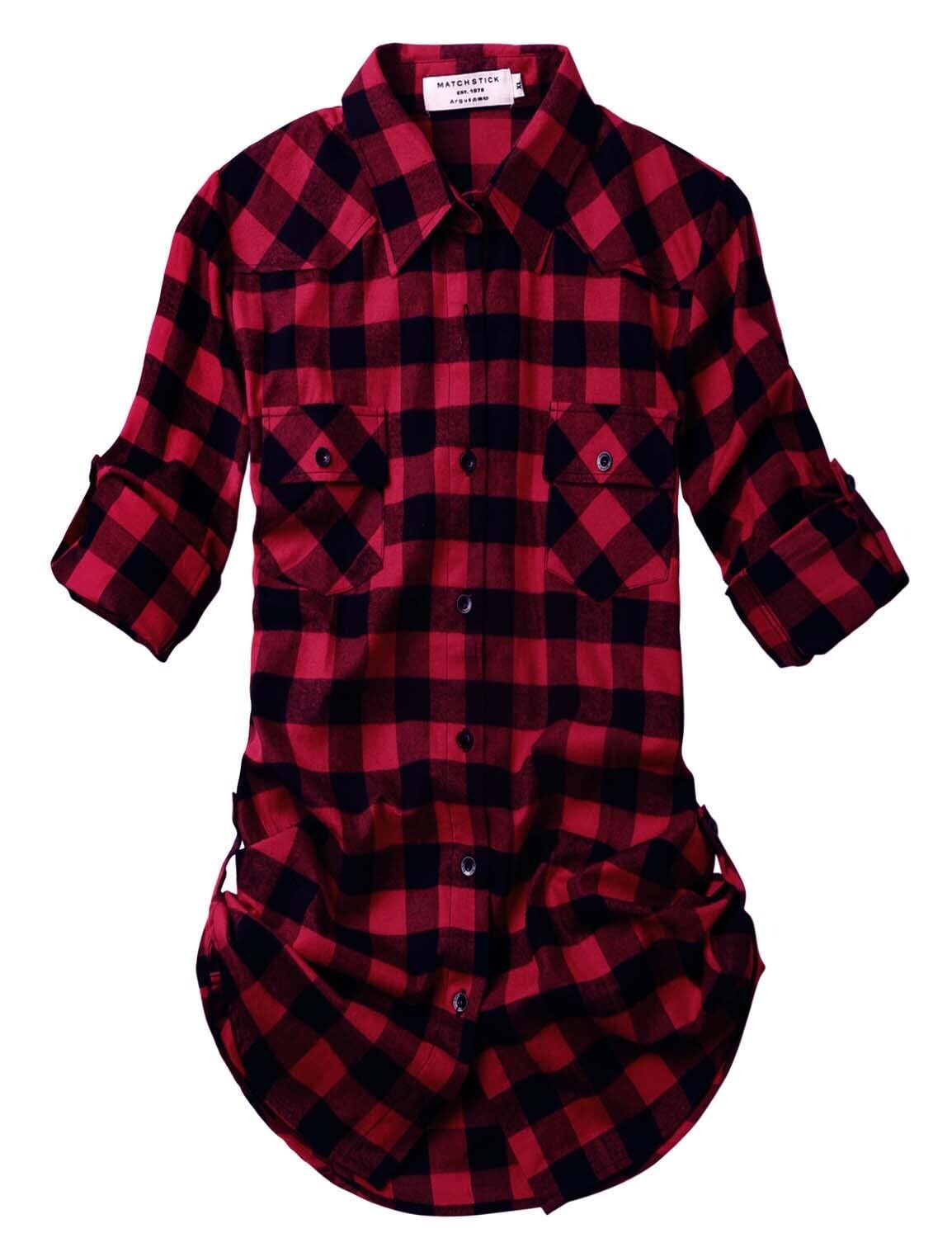 Match Womens Button Down Flannel Plaid Shirts roll