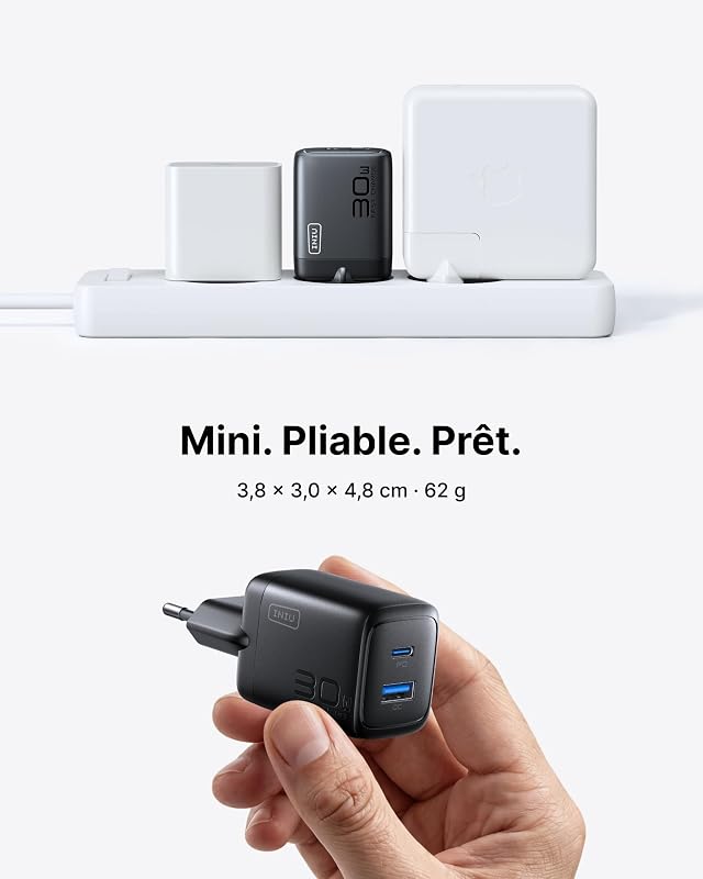 30W Chargeur USB C, 2-Port Prise GaN Chargeur Charge Rapide avec Câble