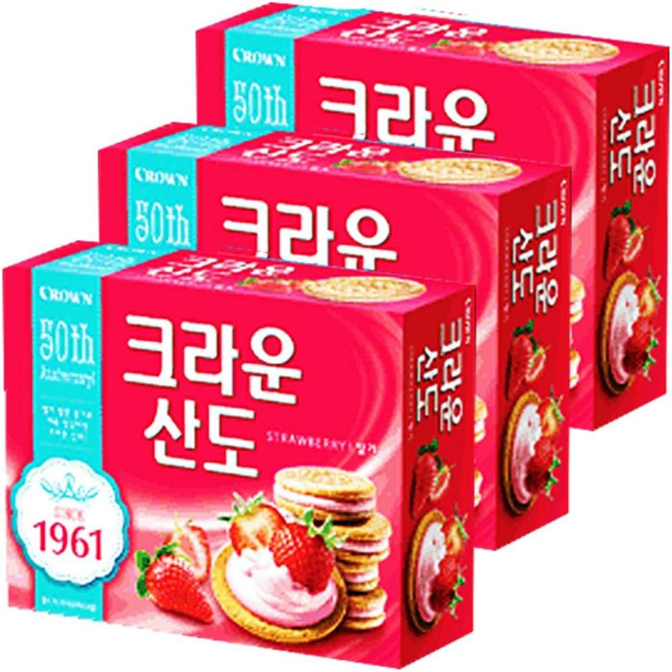 Crown Sando Strawberry Cream | 161g | 6 Boxes, Korean Snack, Strawberry Cream Filling Sandwich Biscuit, Sweet & Fruity, ์ฐ๋ ๋ธ๊ธฐ ์๋