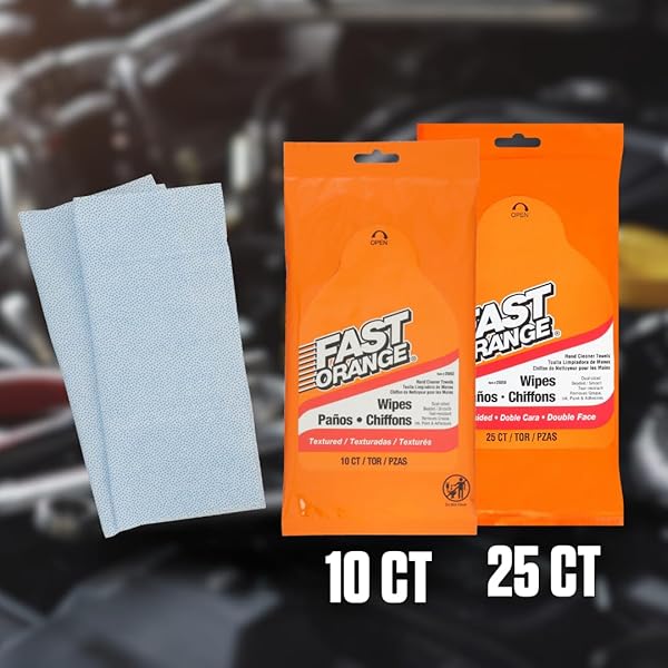 FAST ORANGE 25050 HAND CLEANER WIPES, MECHANIC WIPES FOR AUTO SHOP, HEAVY DUTY WIPES, REMOVES GREASE, OIL, EXHAUST FUMES FROM HANDS AND SKIN, 25 COUNT