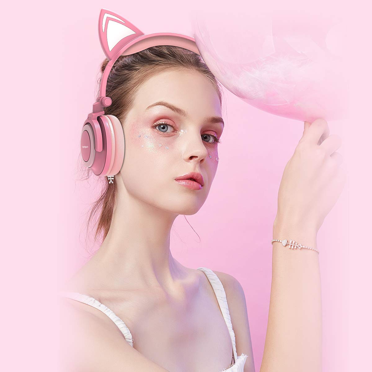 Kids Headphones,Isightguard Wired Headphones On Ear, Cat Ear Headphones with LED for Girsl, 3.5mm Audio Jack for Cell Phone,Pink