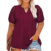 Imily Bela Women's Plus Size Henley T Shirt Summer Lace Sleeve Tees Casual Pleated Flowy Tunic Tops