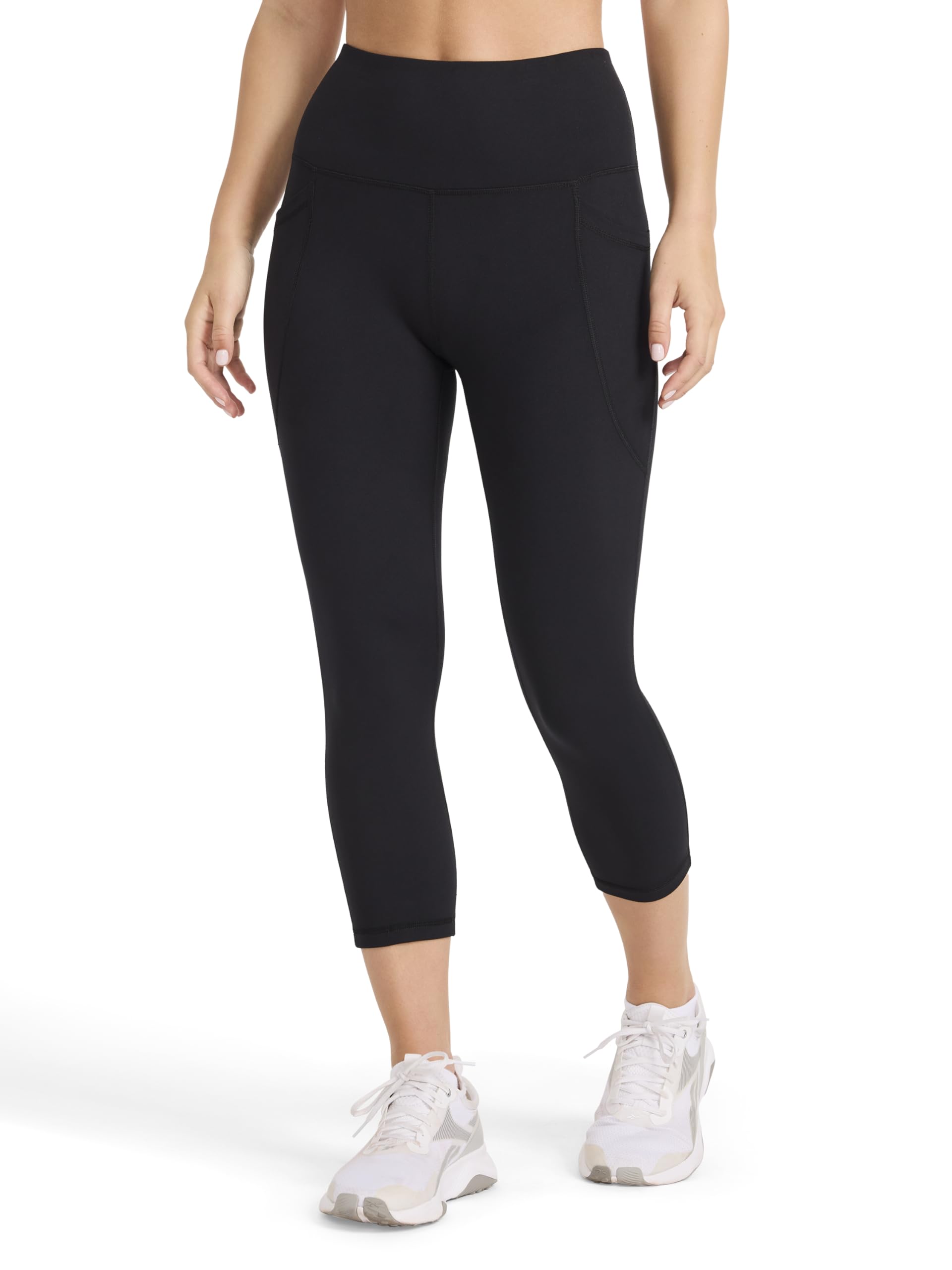 Photo 1 of Reebok Women’s ID Train Capri, Slim Fit, 20” Inseam, Lightweight Stretch Poly Motion Interlock Fabric, Moisture-Wicking, Black, X-Large