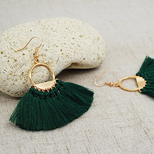 Suyi Women Tassel Earrings Bohemia Fan Shape Thread Tassel Statement Drop Dangle Earrings for Lady Dark Green - Thumbnail 3
