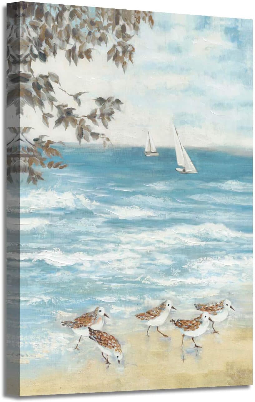 Paintings - ARTISTIC PATH Abstract Coastal Canvas Artwork Picture: Beach Painting Hand Painted Seaside Birds Wall Art for Bedroom (24