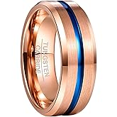 NUNCAD 8mm Men's Tungsten Rings Black Red/Blue/Rose Gold Grooved Center Matte Finish Wedding Band Polished Beveled Edges Size 4 to 16