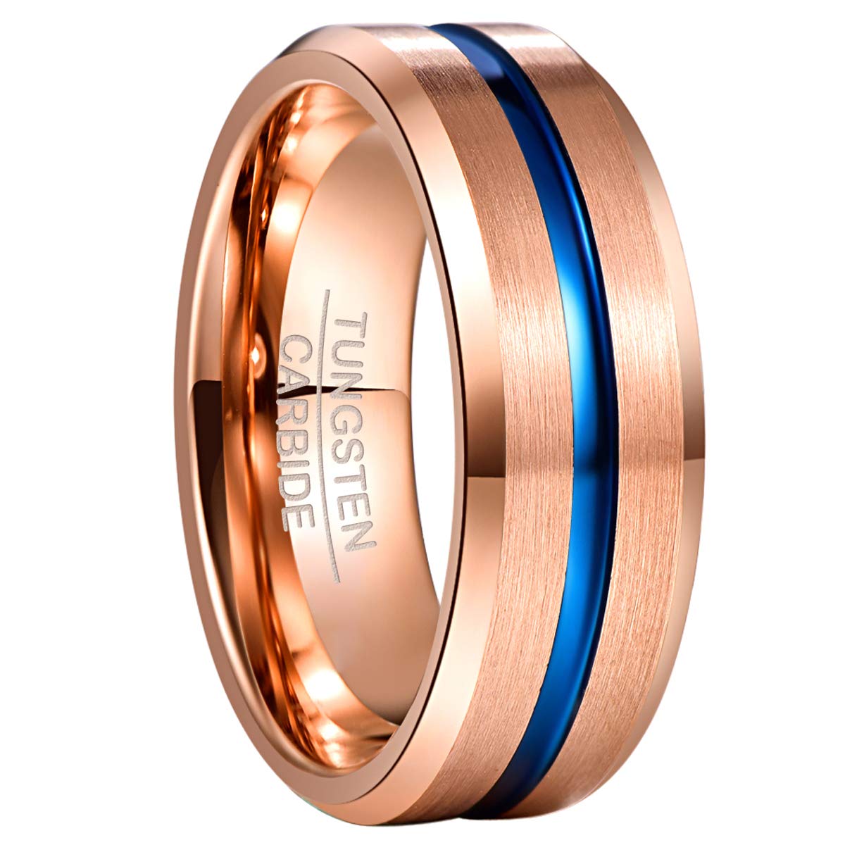 NUNCAD Men's Rings Rose Gold 8mm Tungsten Wedding Ring for Men Two-Tone Simple Band Ring with Blue Groove Beveled Edges Size N