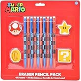 Innovative Designs Super Mario Eraser Pencil Pack | 10 Pack 0.7mm Pencils + 4 Erasers | Kids School Supplies