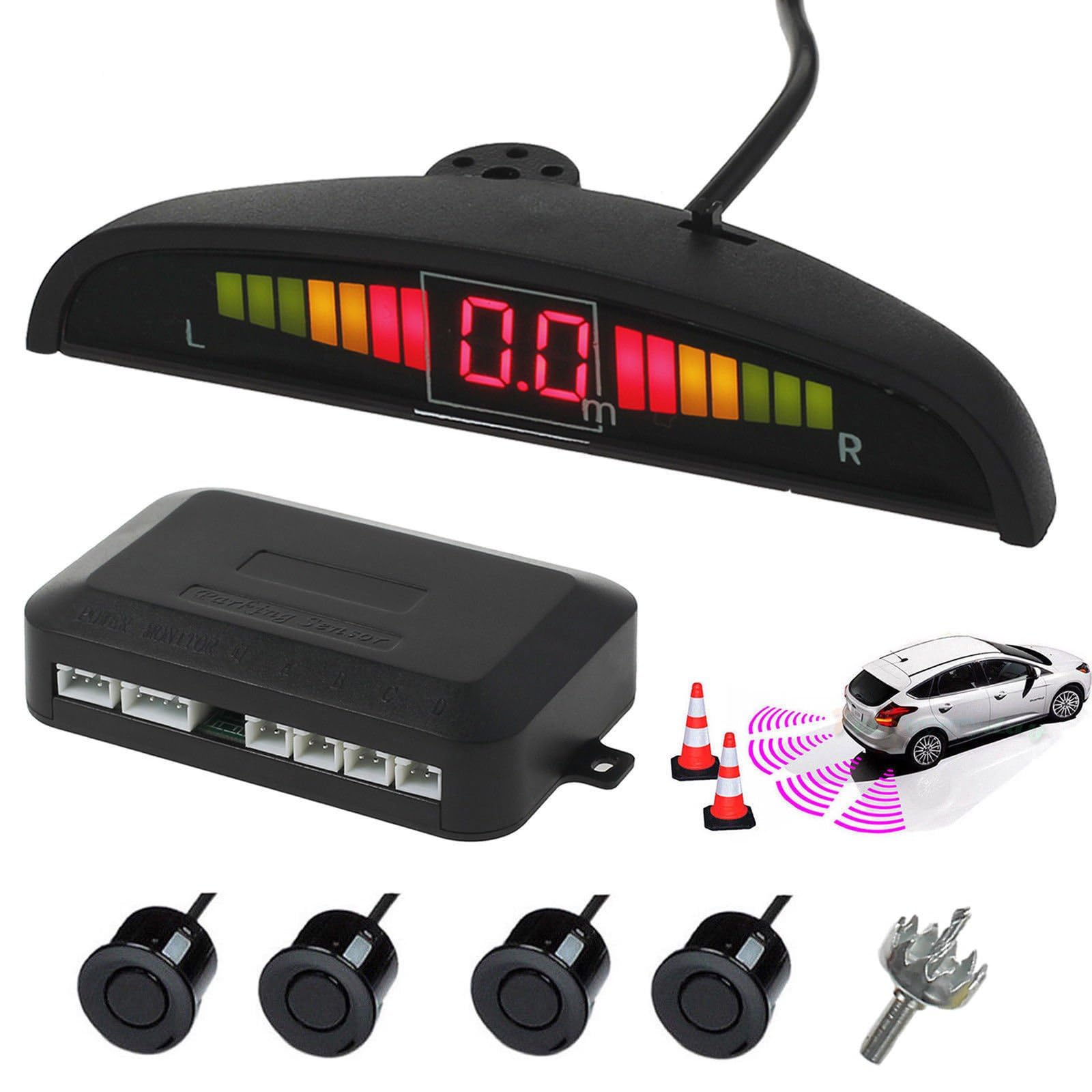 AUTOUTLET Rear Reversing Car Parking Sensors 4 Sensors Kit Audio Buzzer Alarm LED Display, DC 12 V