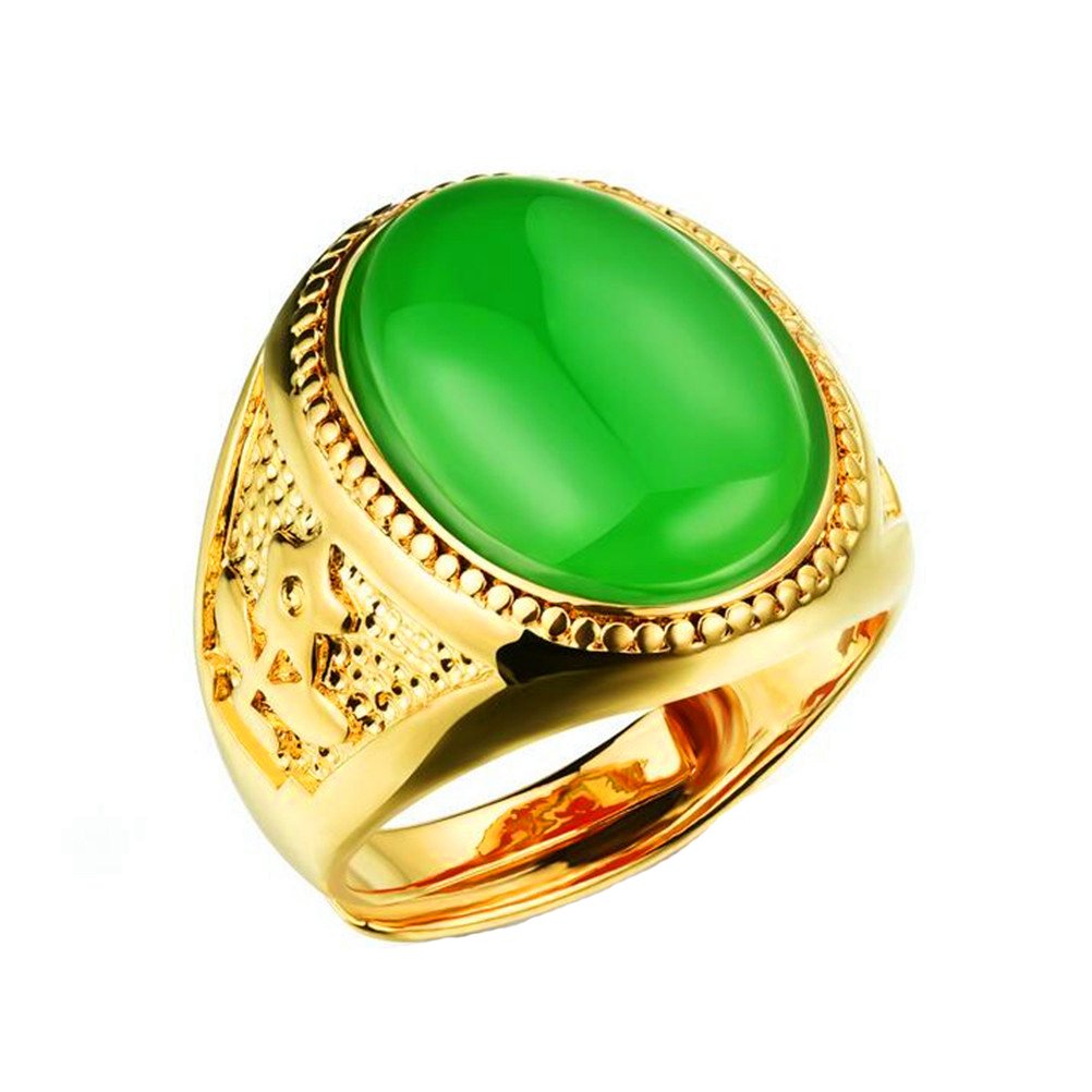 PAURO Mens Stainless Steel 18K Gold Plated Emerald Engagement Oval Onyx Band Rings Adjustable, Green