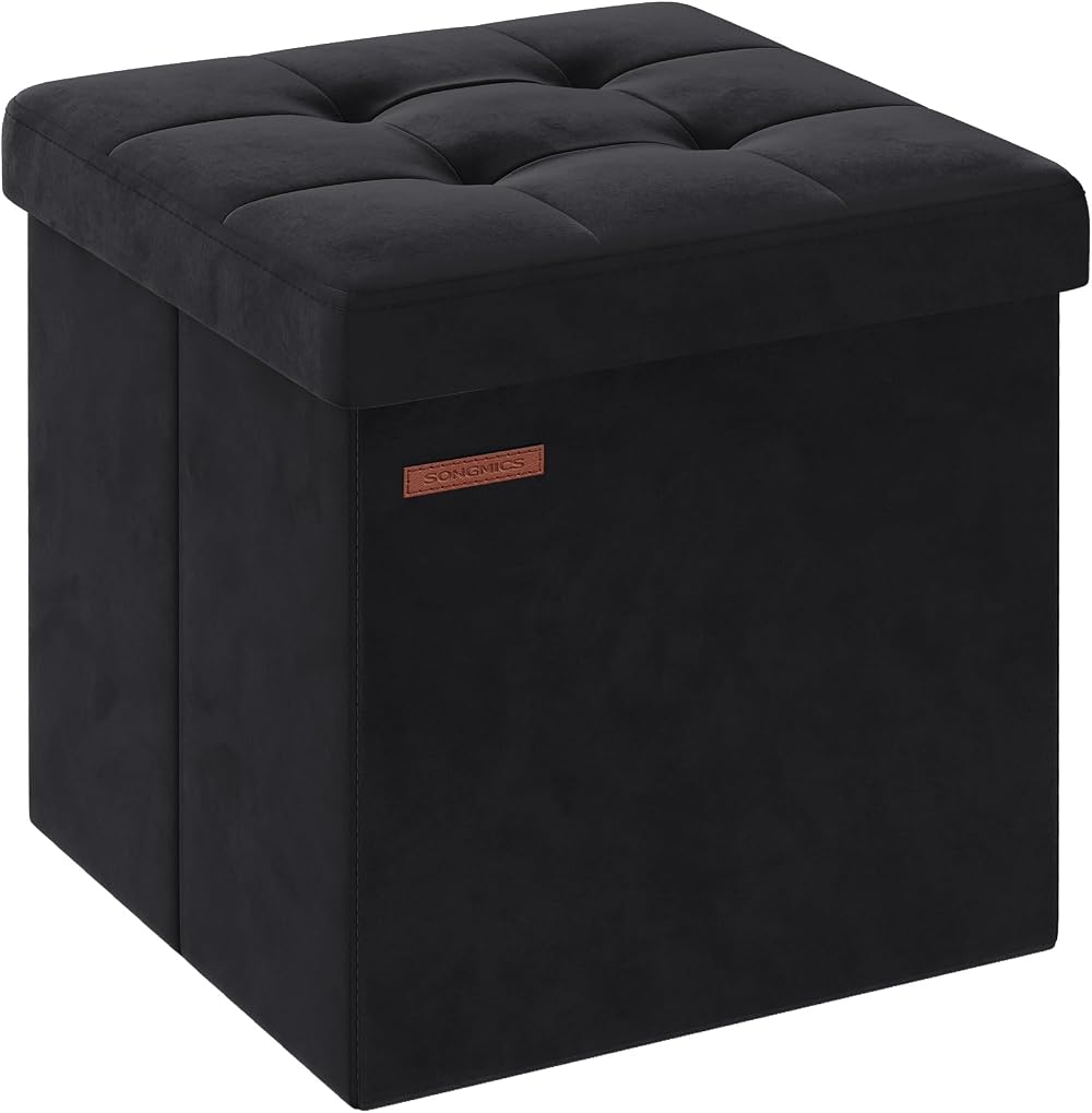 SONGMICS Storage Ottoman Foldable 38x38 cm Velvet Foot Stool 300 kg Ink Black