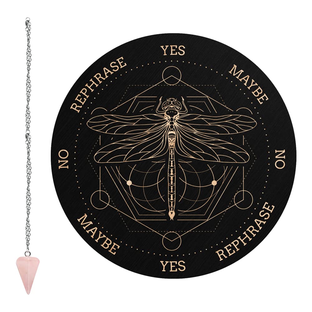CRASPIRE Pendulum Board Dragonfly Dowsing Divination Metaphysical Message Board 7.9Inch Wooden Carven Board with Rose Quartz Crystal Dowsing Pendulum Witchcraft Wiccan Altar Supplies Kit