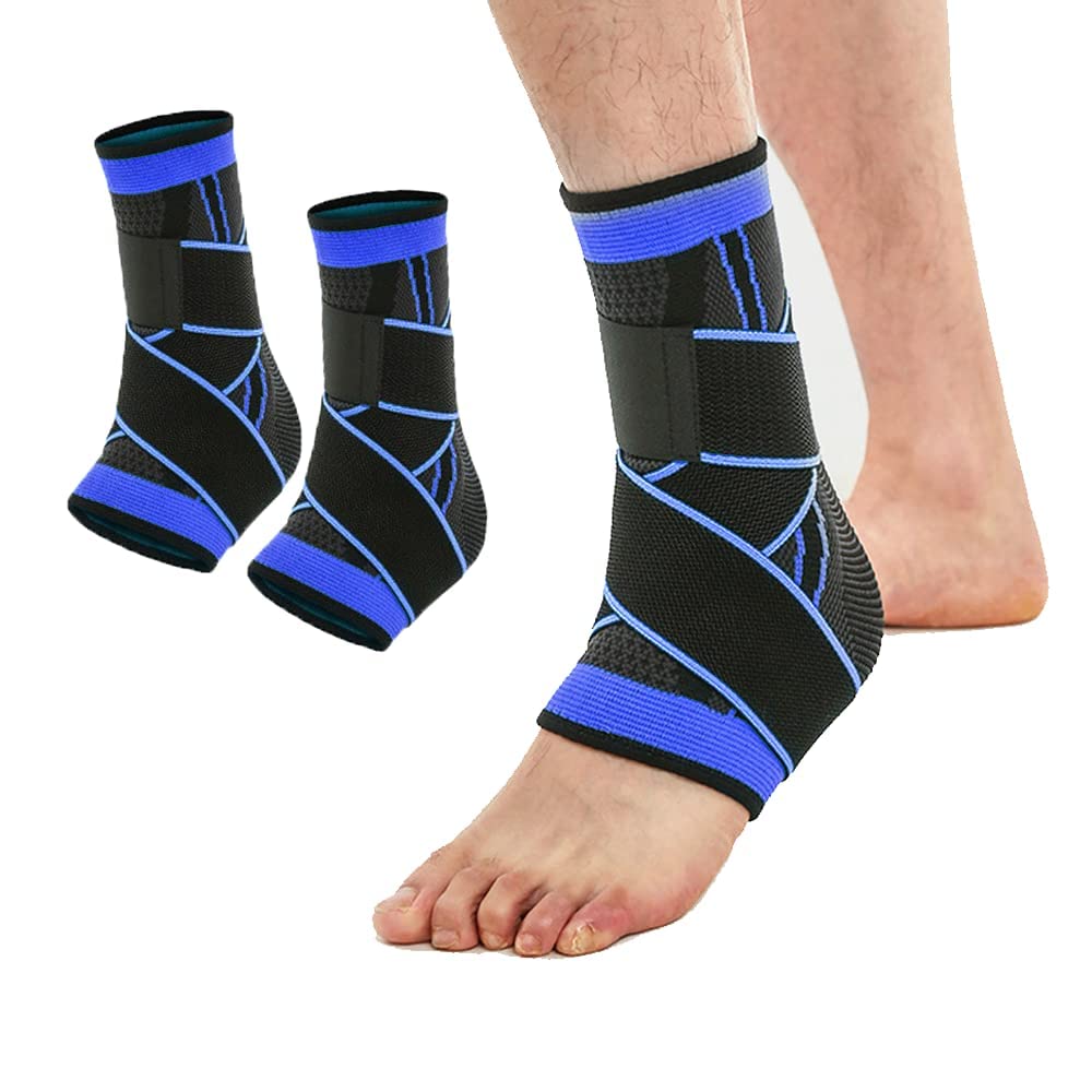 KOEMCY Ankle Brace 1 Pair, Adjustable Compression Ankle Support for Men Women Achilles Tendon Support and Plantar Fasciitis, Stabilize Ligaments, Eases Pain Swelling and Sprained Ankle Pain (Blue)