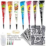 7Color Temporary Tattoo India Henna Kit Tattoo Paste Cone Body Art Painting Drawing with Free 104 pcs Tattoo Templates, 1 x Applicator Bottle and 4 x Plastic Nozzle by YLIANG