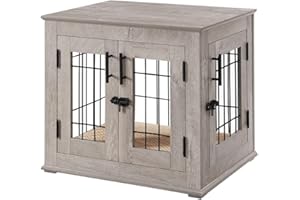 beeNbkks Furniture Style Dog Crate End Table, Double Doors Wooden Wire Dog Kennel with Pet Bed, Decorative Pet Crate Dog House Indoor Medium Large