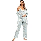 Escalier Women's Silk Satin Pajamas Set 3 Pcs Floral Silky Pj Sets Sleepwear Cami Nightwear with Robe and Pant