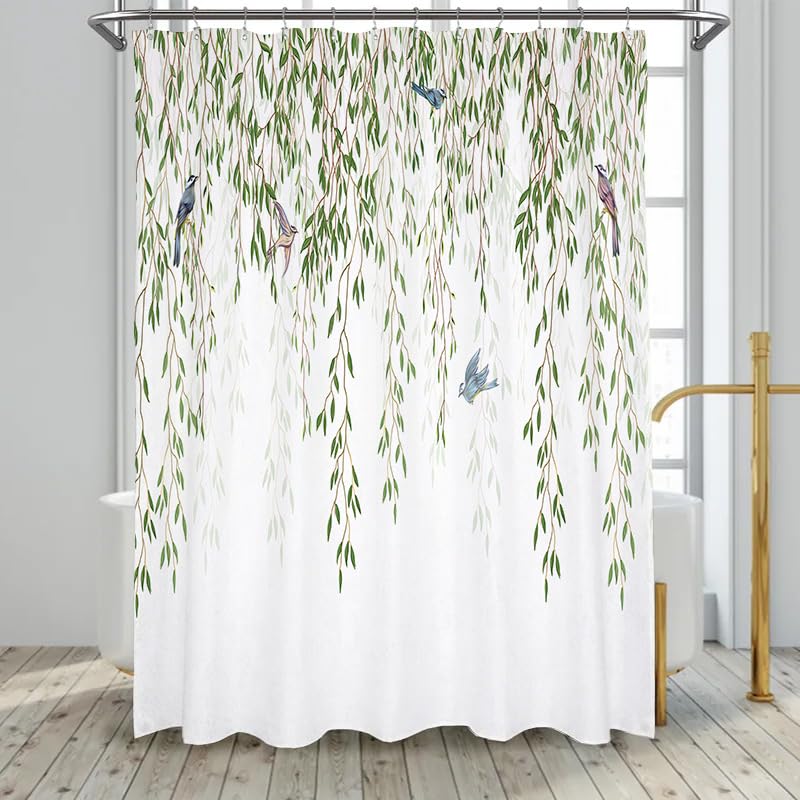 FLCSIed Eucalyptus Leaves Birds Shower Curtain for Bathroom Green Spring Botanical Plant Bathtub Decor Nature Waterproof Polyester Fabric Set with 12 Hooks 72x72 Inch (Green leaves with birds)