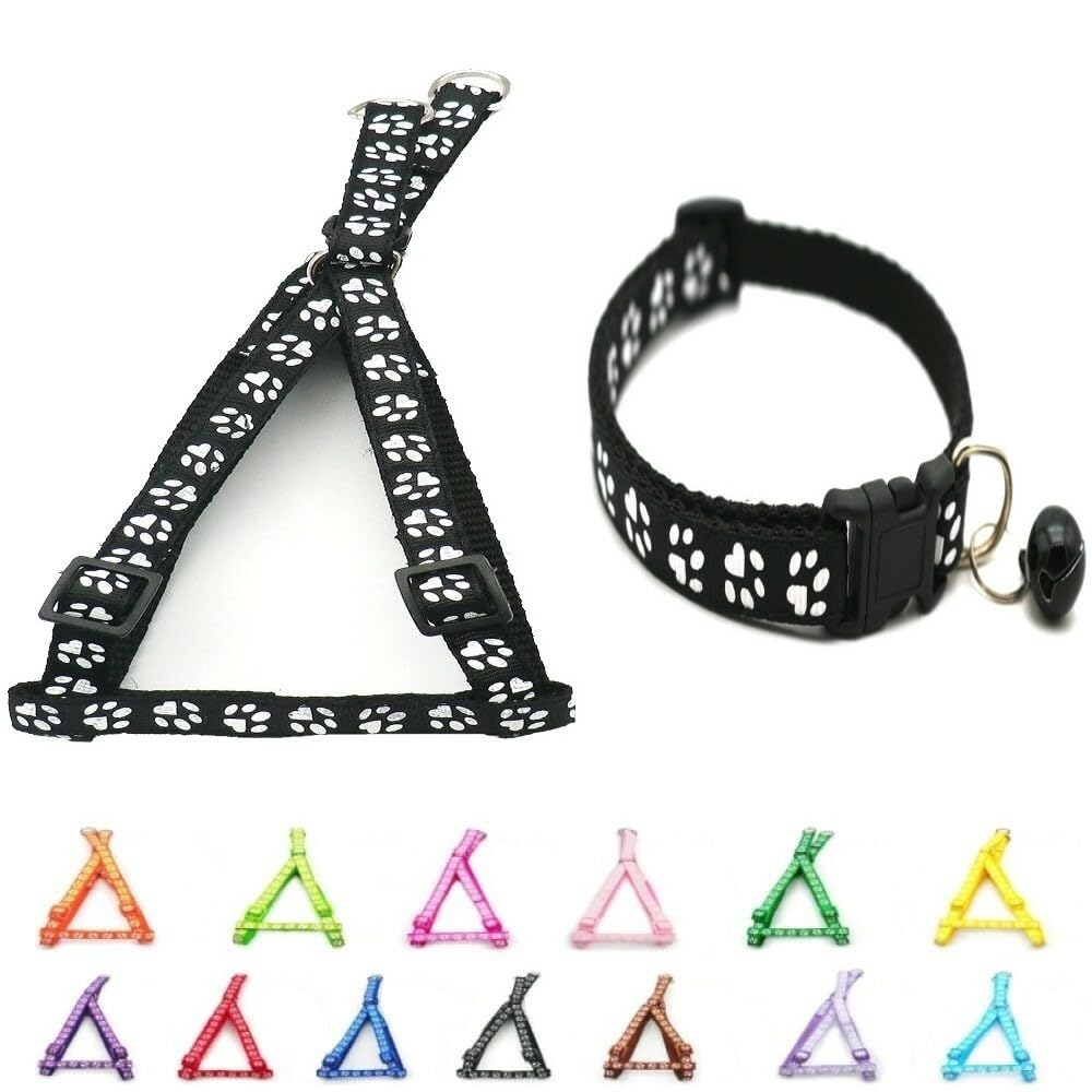 Small Dog Puppy Pet Collar and Harness Set Pawprint Design Nylon Adjustable Neck Size 19-32cm and Chest Size 21-34cm Black