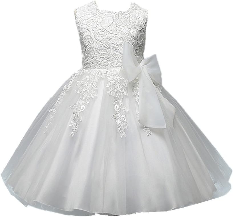 Flower Girls Dresses Lace Embroidered Sleeveless Bowknot Princess Pageant Gown Ivory …