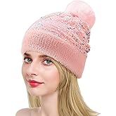 Magibag Women Winter Hat Knitted Beanie Hat with Removable Faux Fur Pompom Sequin Knit Cap Beanie