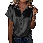 Zeagoo Silk Blouse for Women Short Sleeve Satin Button Down Shirts Casual Loose V-Neck Business Work Tunic Top