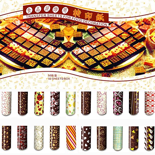 GRAINRAIN Chocolate Transfer Sheet 50pcs Sheet Size 33*21 cm / 13 x 8 1/4 inches Pattern 10 Different Multi-Color Variety Pack Paper PC Material Style Cartoon Item Type Candy-Making Molds