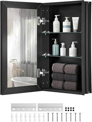 Armoire de Toilette Miroir, 355 x 610 mm, Meuble de Salle de Bain, avec Miroir, Cadre en Aluminium et étagères réglables à 2 Couches, Installation encastrée et Murale