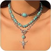 CLOORDE 3 Pcs Layered Western Necklaces for Women Western Boho Turquoise Choker Ox Head Cactus Pendant Necklace Country Concert Jewelry Cowgirl Outfits Accessories for Her