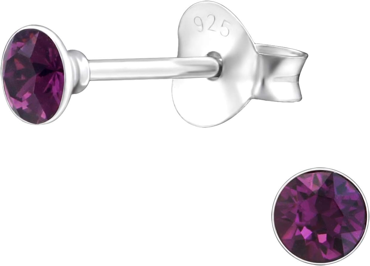 925 Sterling Silver with sparkling Crystals small round stud earrings 3mm women in various sparkly colours anti allergy hypoallergenic nickel free jewellery ladies sensitive ears gift box