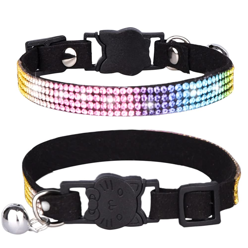FUNAT Rhinestone Cat Collar with Bell, Microfiber Soft and Comfortable Cat Collar, Colorful Rhinestone Cat Collar, Cat Collar with Cat Head Safety Buckle