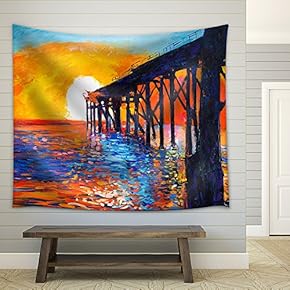 Original Oil Painting of Jetty(Pier) or Quay on Canvas.Rich Golden Sunset Over Ocean.Modern Impressionism - Fabric Wall Tapestry Home Decor - 51x60 inches