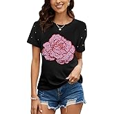 PESION Womens Short Sleeve T-Shirt Sequined Tops O-Neck Funny Graphic Tees Blouse