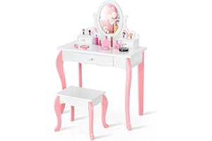 HONEY JOY Kids Vanity and Stool Set, Toddlers Pretend Play Vanity Set with 3 Drawers, 360° Rotating Oval Mirror, Wooden Girls Makeup Dressing Table for Bedroom Playroom, Gift for Little Girls (White)
