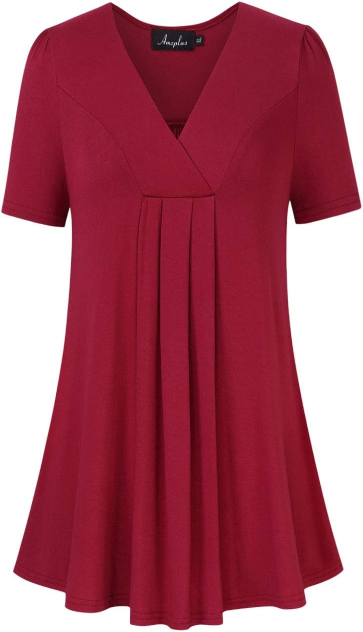 AMZ PLUS Women's Plus Size Pleated Henley Tops V-Neck Loose Blouse Casual Tunic Shirt