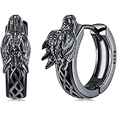 KoyeKei Black Viking Hoop Earrings for Men Women 925 Sterling Silver Viking Huggie Earrings Norse Pagan Rune Jewelry Fathers Day Birthday Gifts for Husband Dad