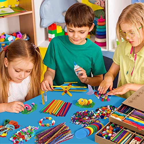 EDUMAN Kids Crafts, 1000+ Piece Creative Craft Kit Materials, Includes Pipe Cleaner, Pompoms, Rods, Wiggle Eye, Beads, Sequins, Creative Game Gift for Boys and Girls