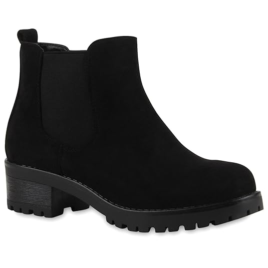 Stiefelparadies Damen Stiefeletten Chelsea Boots mit Blockabsatz Profilsohle Plateau Vorne Flandell